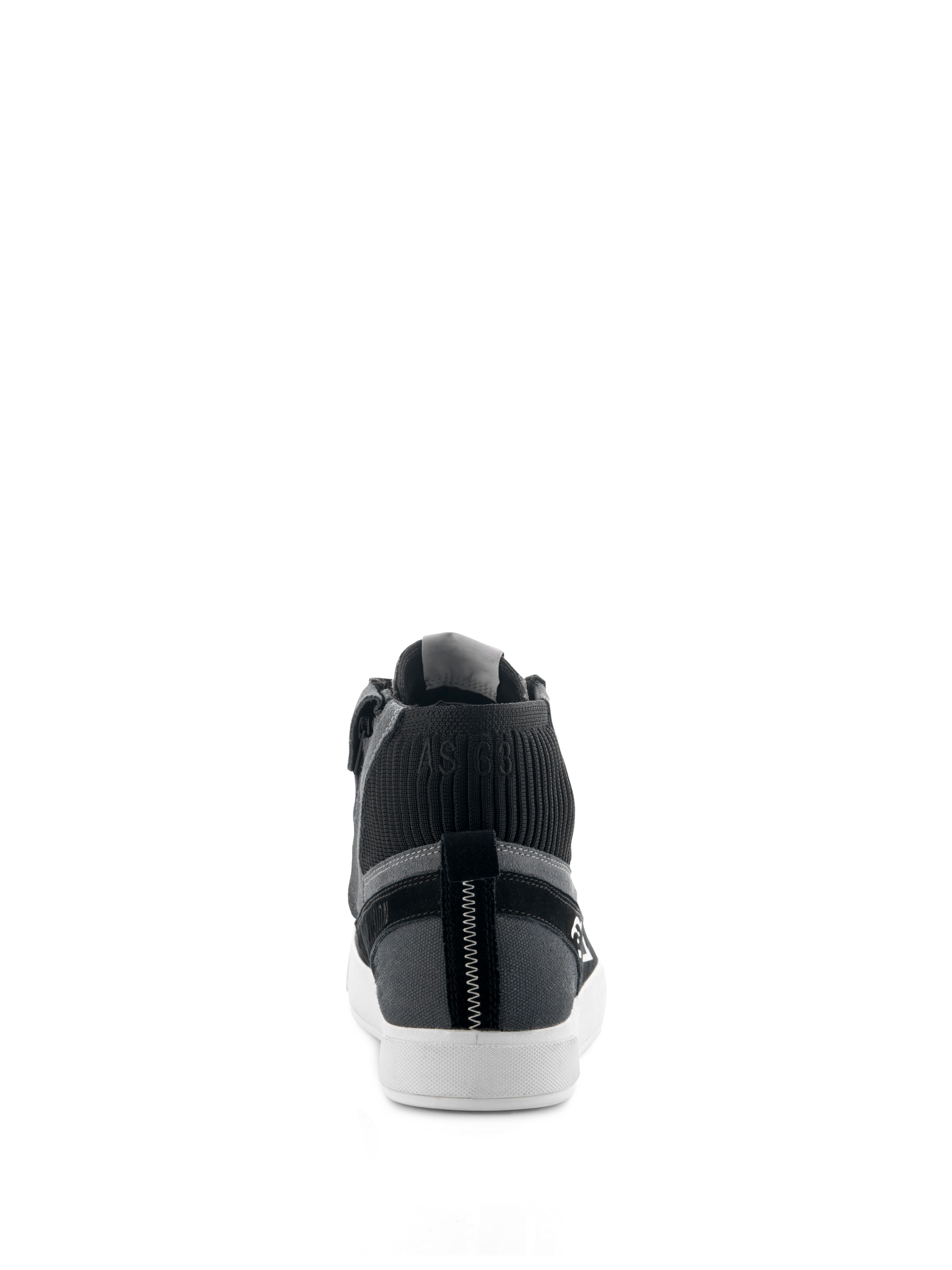 Alpinestars Stated Shoes, urban motorcycle riding shoes, Black Gray White, rear view featuring white vulcanized sole, gray suede and canvas upper, black knitted ankle collar with "AST63" branding, and vertical white zigzag stitching on the heel.