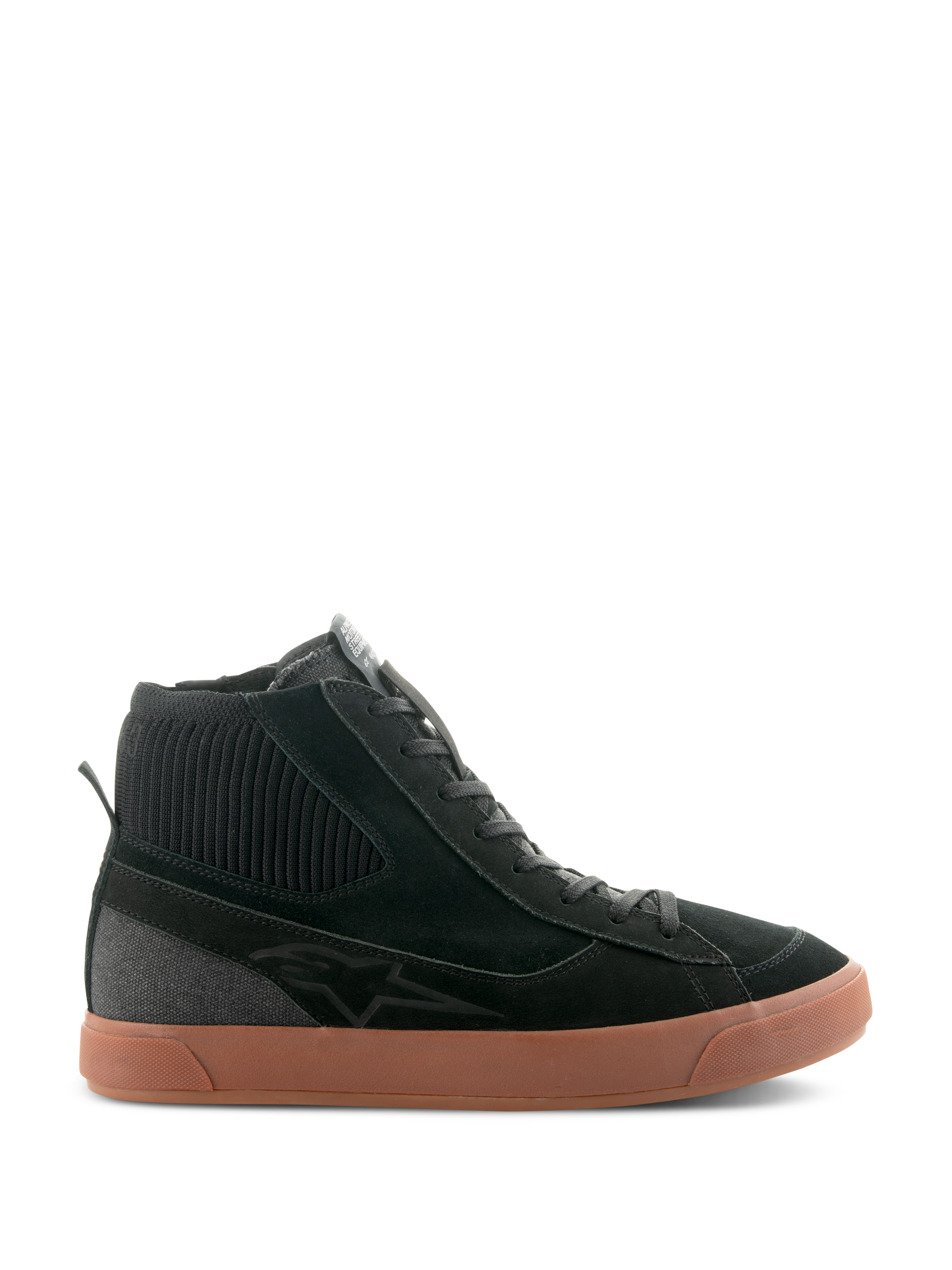 Alpinestars Stated Shoes, Black high-top motorcycle riding sneaker with a brown gum rubber sole, suede and canvas upper featuring a ribbed knit ankle collar, retro skate-inspired streetwear design