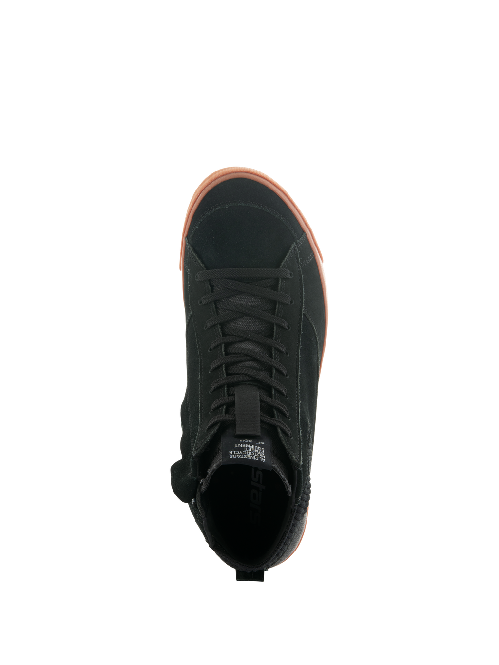 Alpinestars Stated Shoes, Top-down view of urban motorcycle riding shoe, Black suede upper with gum-colored vulcanized sole, minimalistic skate-inspired design, classic laces and street sneaker styling.
