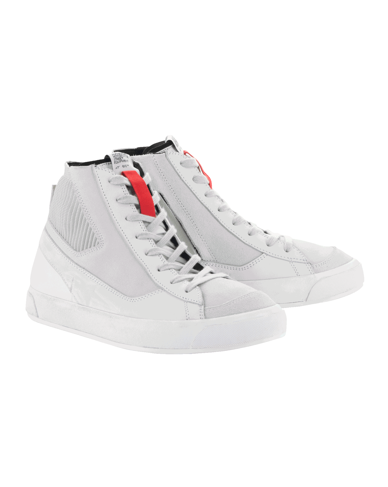 Alpinestars Stated Shoes, Motorcycle Riding Shoes, White Cool Gray, retro-style high-top sneakers with vulcanized rubber soles, red lace loop accents, and durable nubuck and canvas construction.