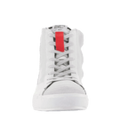 Alpinestars Stated Shoes, Urban Riding Shoes, White Cool Gray, front-facing view of high-top sneaker, featuring a prominent red accent on the tongue, gray laces, and a white vulcanized sole, minimalist skate-inspired design