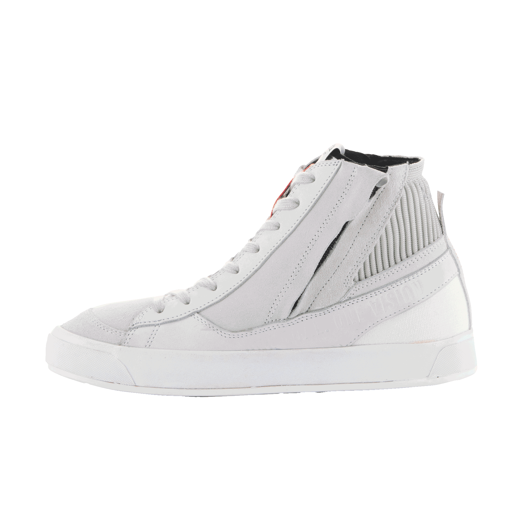 Alpinestars Stated Shoes, Urban Motorcycle Riding Shoes, White Cool Gray, high-top street sneaker style, nubuck and suede construction, lateral side zipper, white vulcanized sole, ribbed ankle collar