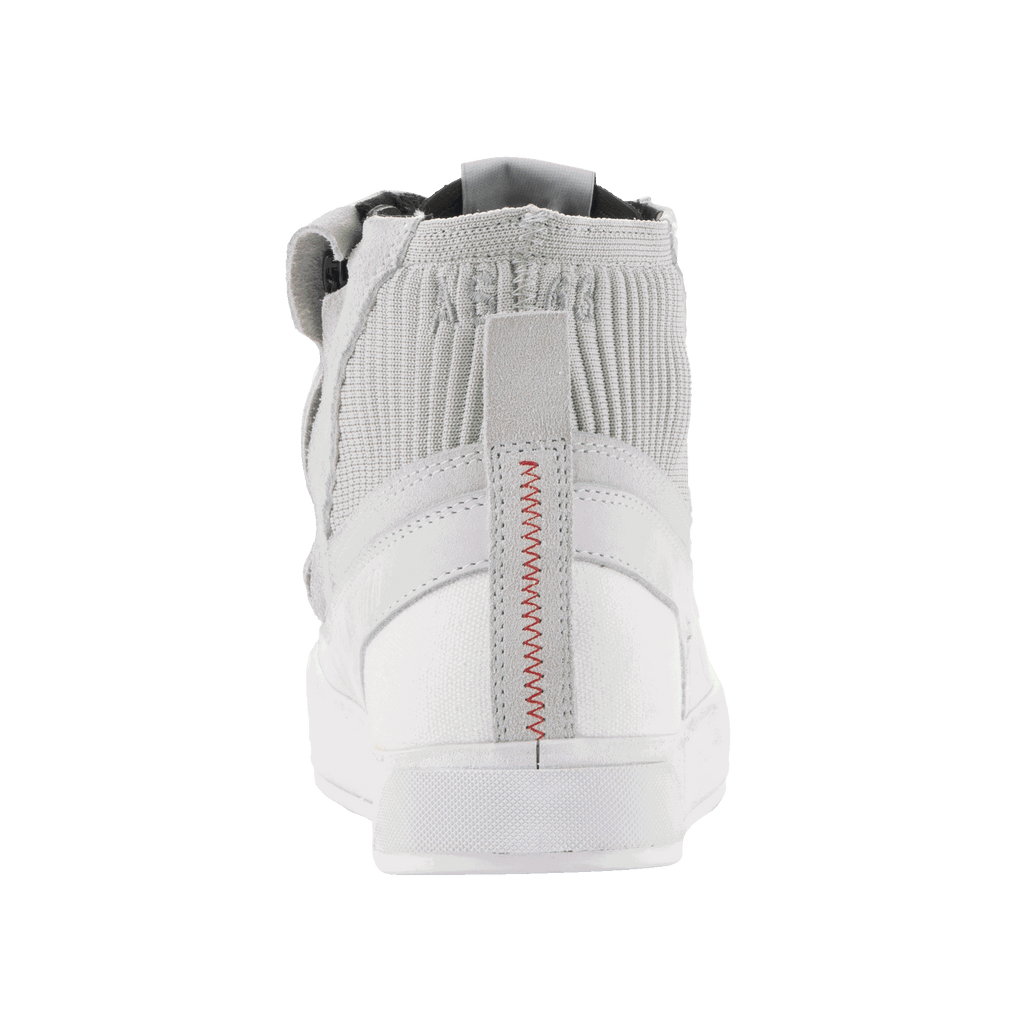Alpinestars Stated Shoes, Motorcycle Riding Shoes, White Cool Gray, rear view featuring red zig-zag heel stitching, knitted mesh ankle collar, and white vulcanized sole, urban sneaker design