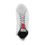 Alpinestars Stated Shoes, Urban Riding Shoes, White Cool Gray, top-down view showing suede toe box and classic lace closure, featuring a red accent on the tongue, retro skate-inspired motorcycle sneaker design