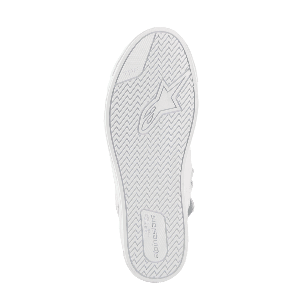 Alpinestars Stated Shoes, Urban Motorcycle Shoes, White Cool Gray, bottom view of the vulcanized rubber sole, featuring a herringbone traction pattern with Alpinestars branding and TPF (Transversal Protection Frame) logo for grip and safety