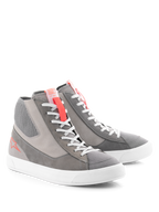 Alpinestars Stated Shoes, Urban Motorcycle Riding Shoes, Light Gray Red Fluo White, retro street sneaker design with a white vulcanized sole, suede and canvas panels, featuring fluo red accents on the tongue and side logo.
