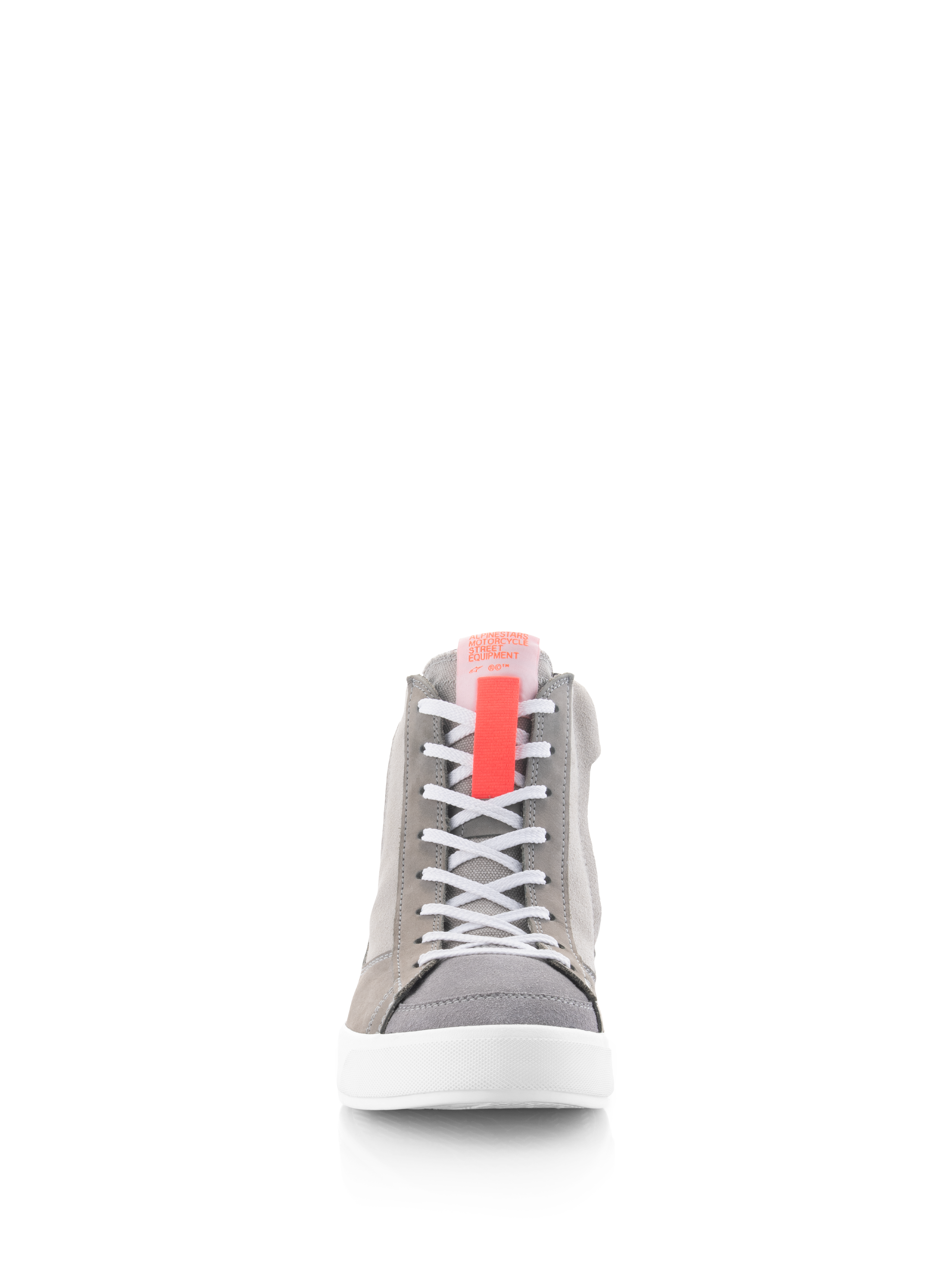 Alpinestars Stated Shoes, Motorcycle Riding Shoes, Light Gray Red Fluo and White, front view showing white laces, a red fluo tongue tab, and a white vulcanized sole, retro street sneaker style