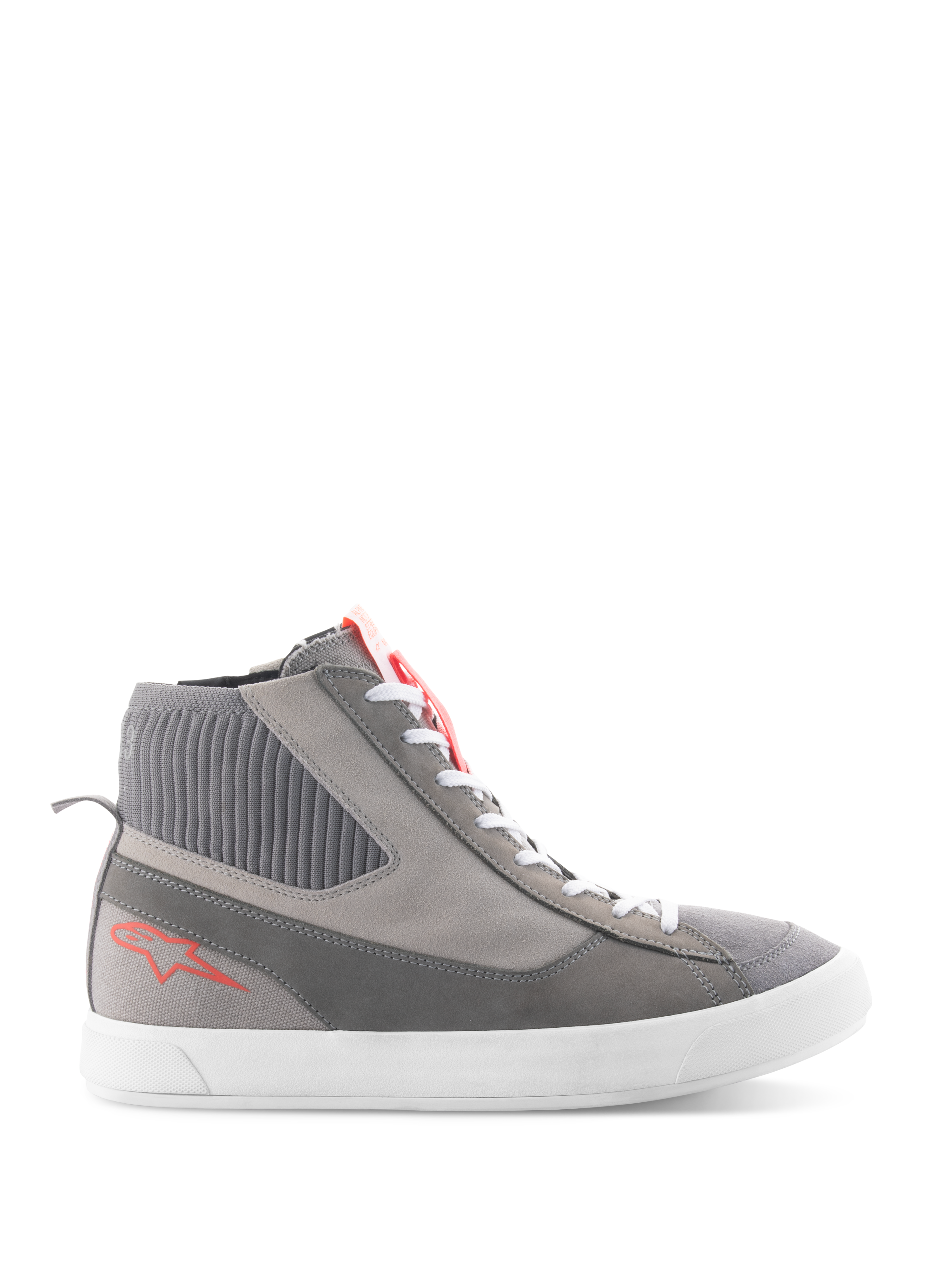 Alpinestars Stated Shoes, High-top motorcycle riding shoes, Light Gray and Red Fluo, featuring a ribbed knitted ankle collar, white vulcanized sole, red star logo on the heel, and split suede toebox, modern urban streetwear design