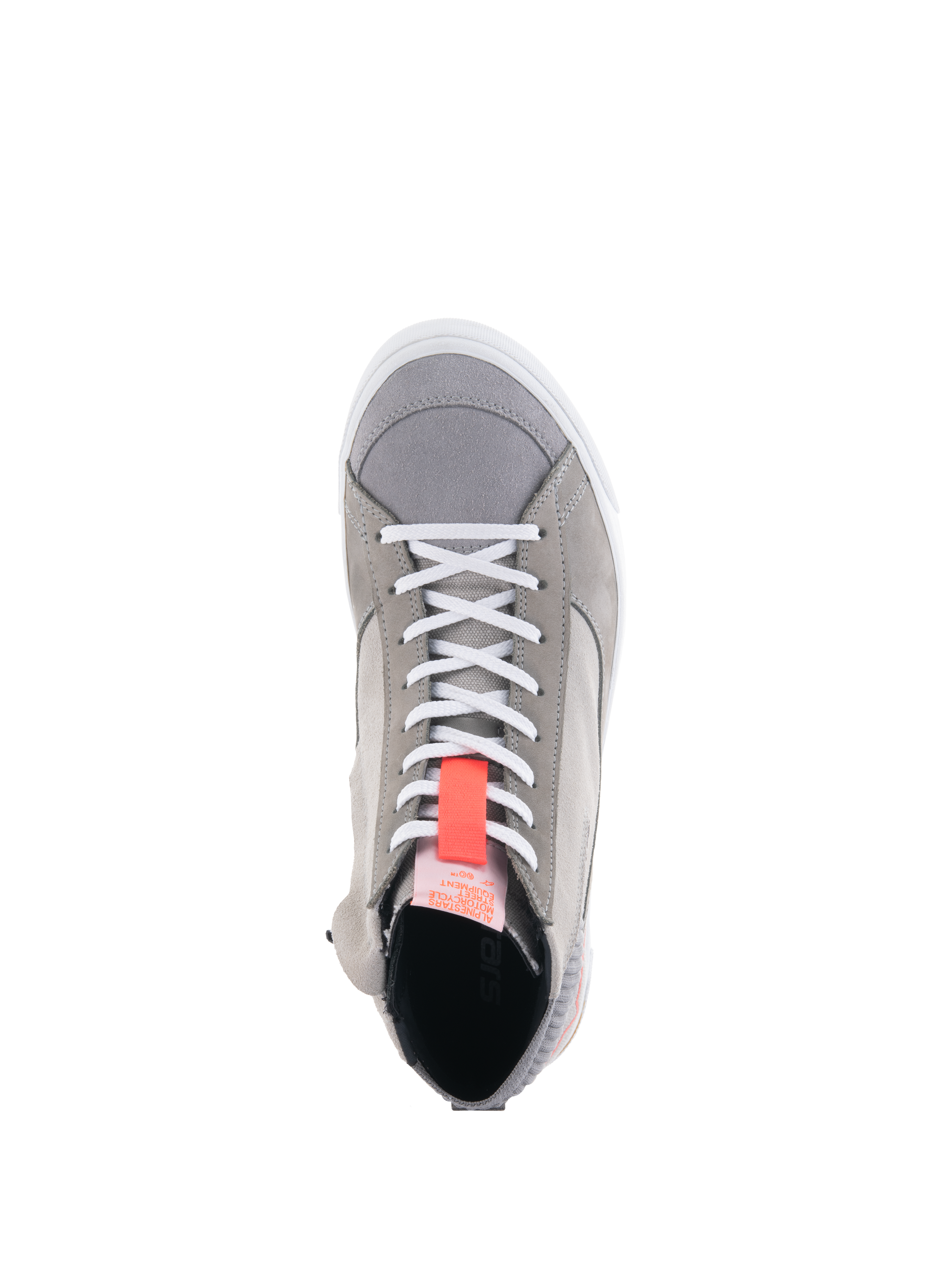 Alpinestars Stated Shoes, Light Gray motorcycle riding sneakers, top-down view featuring white laces and a bright red fluo pull tab, urban street style with suede and nubuck materials, white vulcanized sole edge
