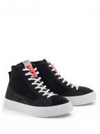 Alpinestars Stella Stated Podium Shoes, women's black urban motorcycle shoes with white soles and skate-inspired styling.