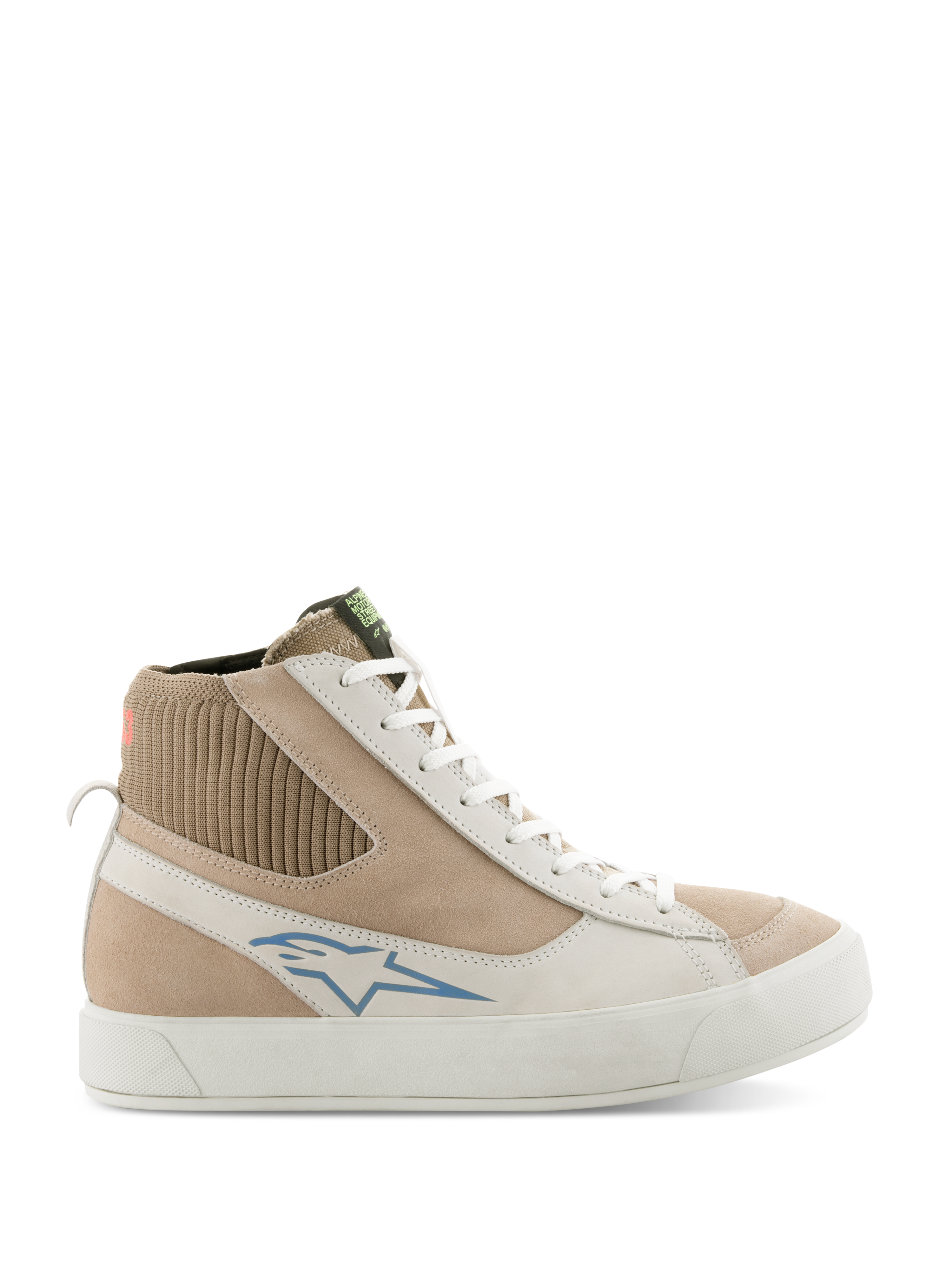 Alpinestars Stella Stated Podium Shoes, Women's High-Top Riding Sneakers, White and Light Gray, beige suede and leather upper, blue Alpinestars logo, ribbed knit ankle collar, thick white vulcanized sole, retro skate style