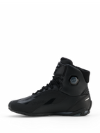 Alpinestars Faster-4 Drystar® Shoes, Motorcycle Riding Shoes, Black Cool Gray, side profile view featuring seamless microfiber construction, Drystar waterproof branding, lace-up closure with an ankle strap, and integrated protective ankle structure.