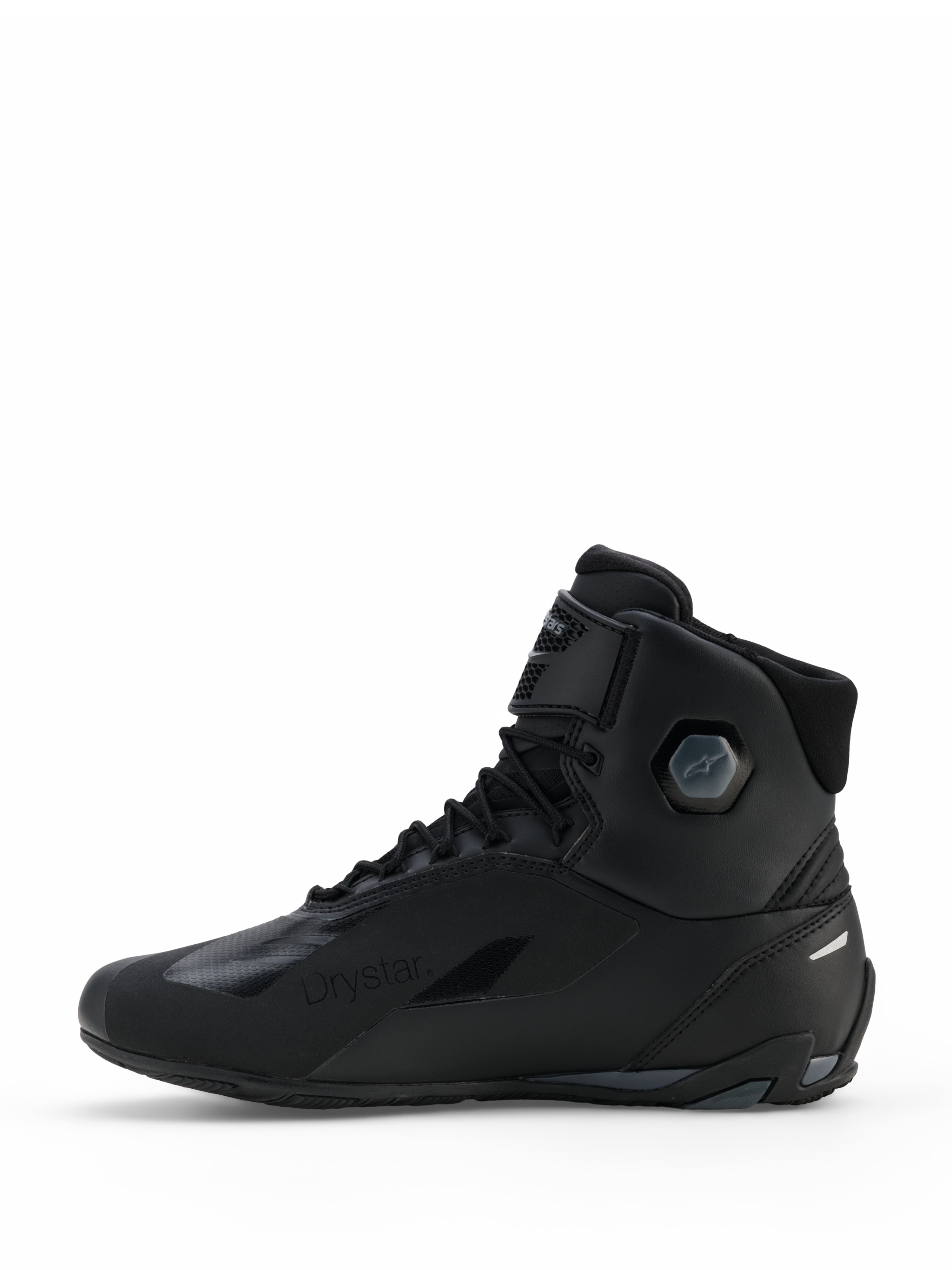 Alpinestars Faster-4 Drystar® Shoes, Motorcycle Riding Shoes, Black Cool Gray, side profile view featuring seamless microfiber construction, Drystar waterproof branding, lace-up closure with an ankle strap, and integrated protective ankle structure.