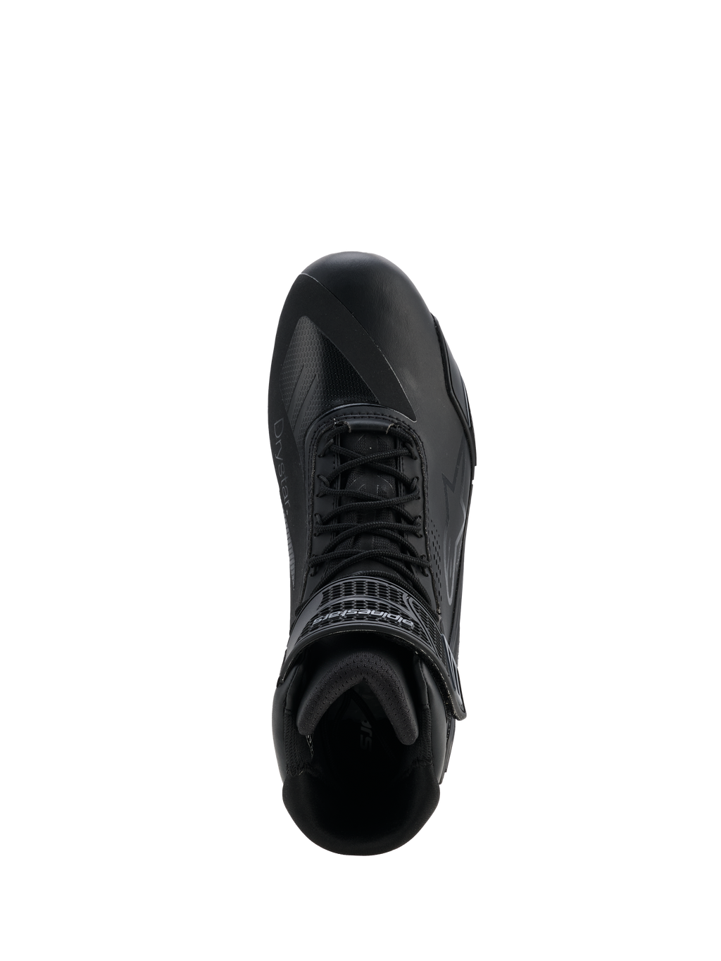 Alpinestars Faster-4 Drystar® Shoes, Black Cool Gray, top-down view of motorcycle riding shoe, featuring lace-up closure and a hook-and-loop ankle strap, seamless microfiber construction with Drystar® branding, sleek athletic profile for protective road riding.