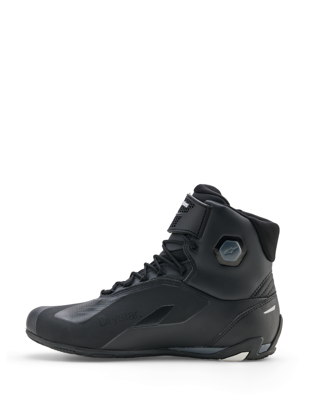Alpinestars Faster-4 Drystar® Shoes, Motorcycle Riding Shoes, Black Cool Gray White, side profile view featuring waterproof construction, lace-up closure with hook-and-loop strap, and integrated ankle protection.