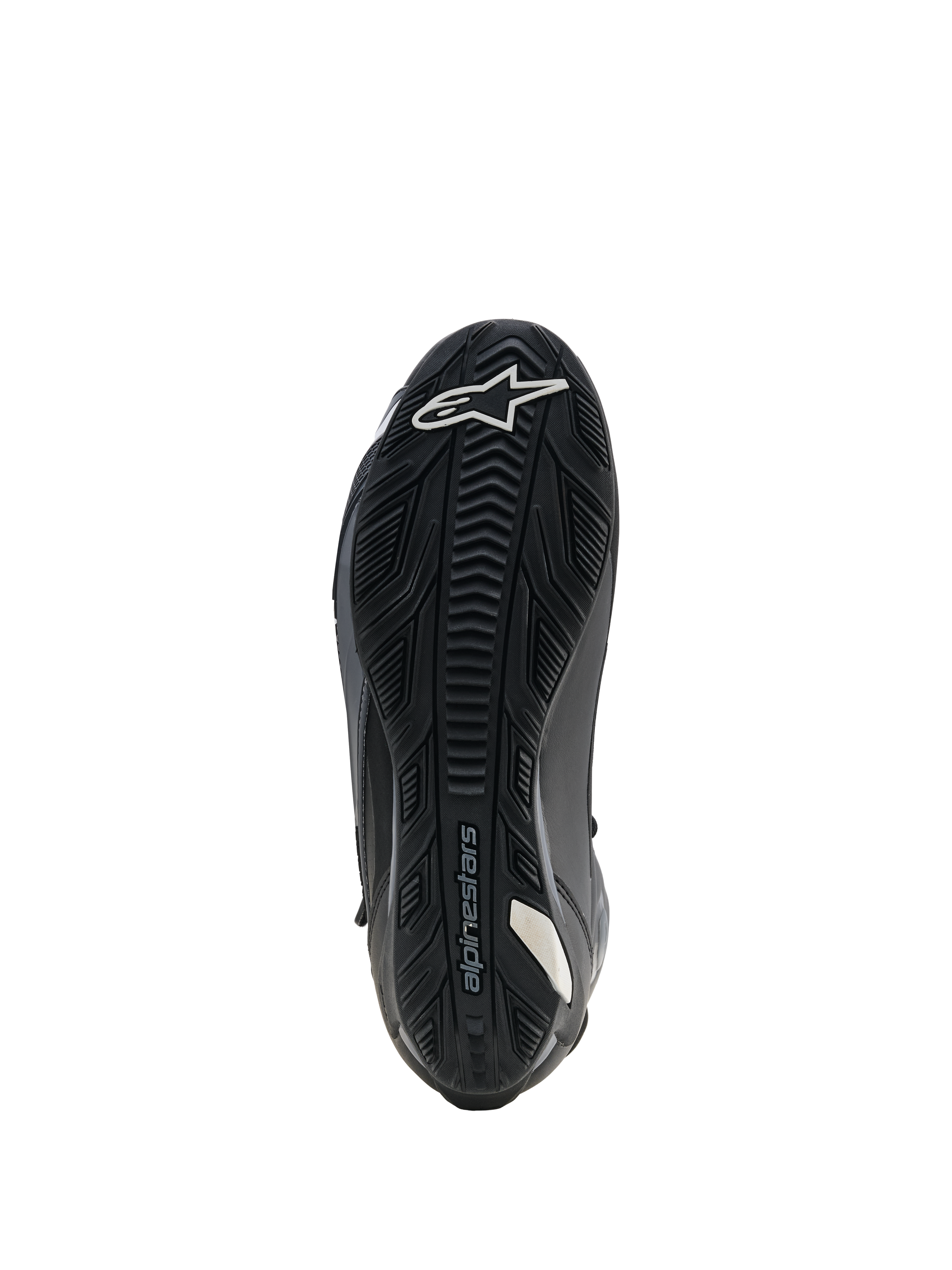 Alpinestars Faster-4 Drystar Shoes, Motorcycle Riding Shoes, Black, Sole view showing reinforced rubber outsole with textured grip, white star logo at the toe and Alpinestars branding, designed for stability and peg grip.