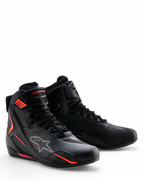 Alpinestars Faster-4 Drystar® Shoes, Motorcycle Riding Shoes, Black with Rio Red and Red Fluo accents, lace-up design with waterproof microfiber upper, sleek athletic profile for road and sport riding