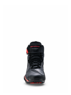 Alpinestars Faster-4 Drystar® Shoes, Black with Rio Red and Red Fluo accents, front view showing the lace-up closure and hook-and-loop ankle strap with red branding, waterproof motorcycle riding footwear with a reinforced toe and sporty design