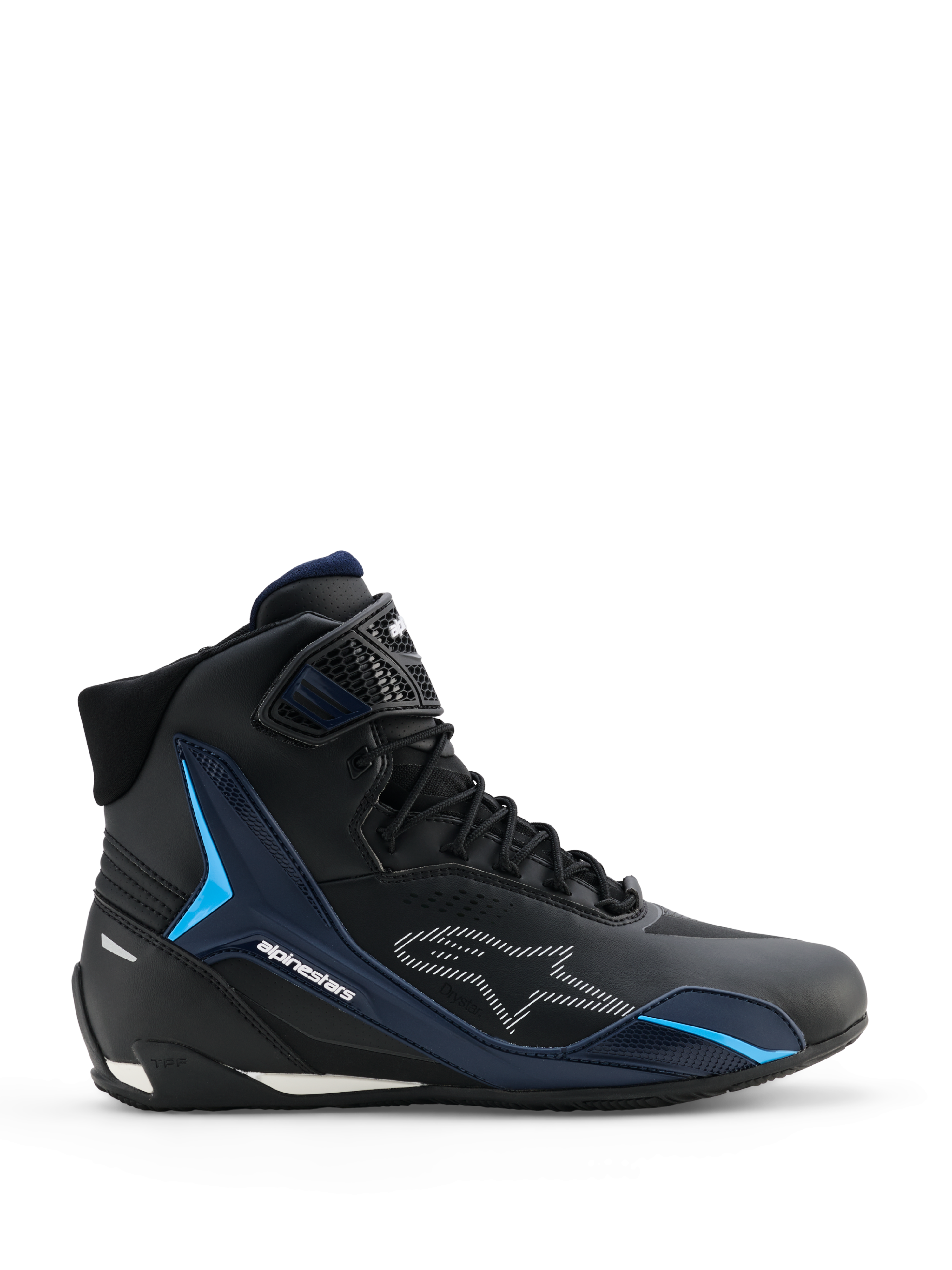 Alpinestars Faster-4 Drystar Shoes, Motorcycle Riding Shoes, Black Night Navy Cyan, lateral view showing high-top sneaker design, cyan TPU support panels, white dashed Alpinestars logo, and lace closure with a textured ankle strap.
