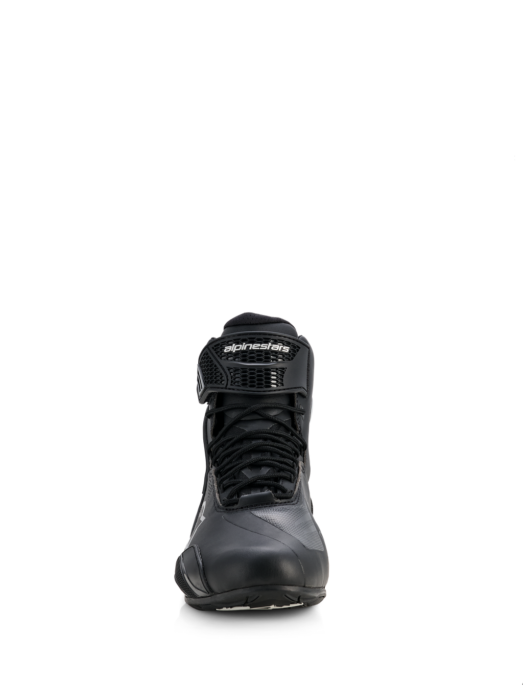 Alpinestars Woman Stella Faster-4 Drystar® Shoes, Motorcycle Riding Shoes, Black with Silver accents, front view showing lace-up closure and branded hook-and-loop ankle strap, sleek waterproof design for sport and road riding