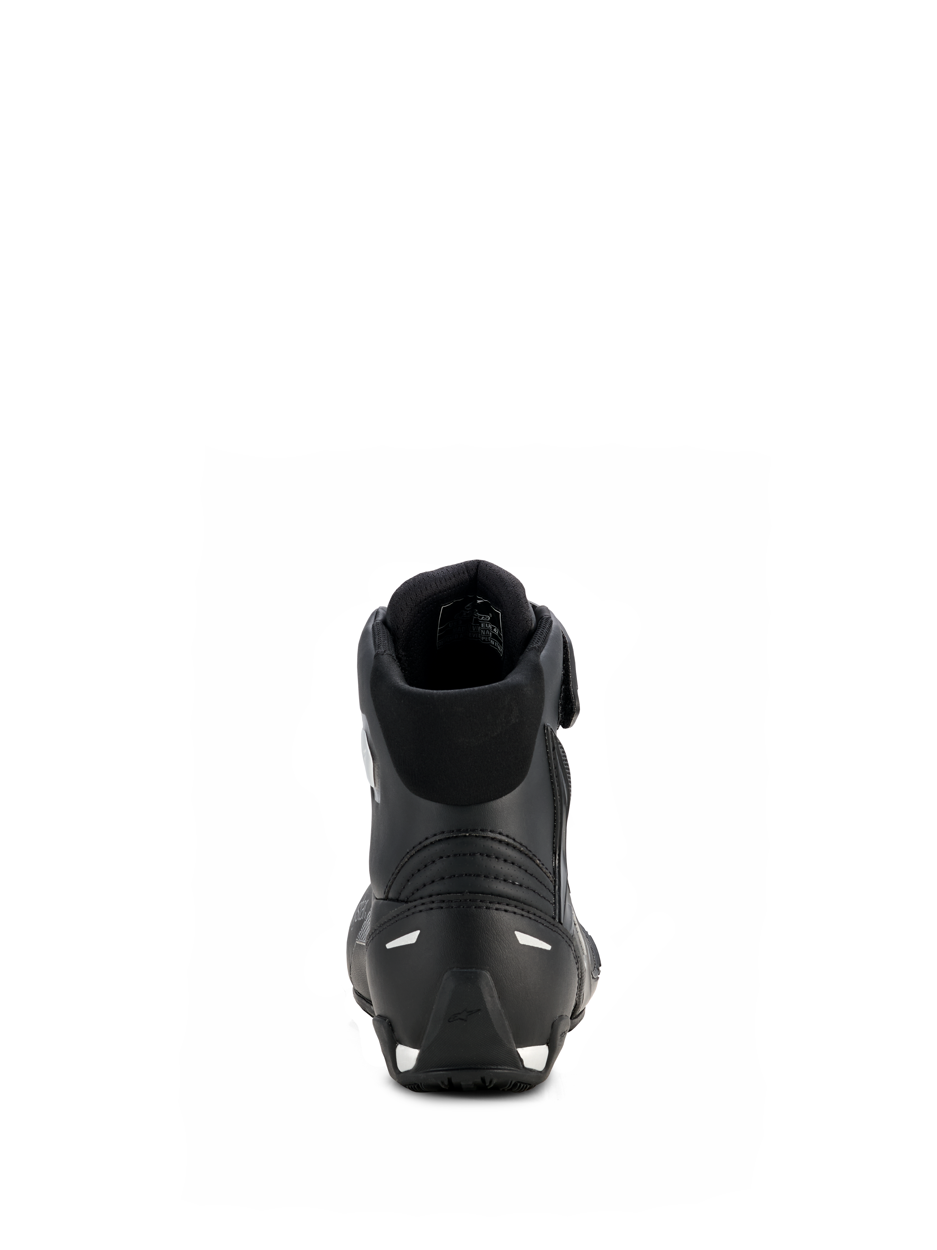 Alpinestars Woman Stella Faster-4 Drystar® Shoes, Black and Silver, rear view showing reinforced heel with silver accents, padded collar, and waterproof microfiber design