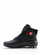 Alpinestars Stella Faster-4 Drystar® Shoes, Women's Motorcycle Riding Shoes, Black and Coral Fluo, side profile view showing seamless microfiber upper, lace-up closure, and coral ankle protection detail
