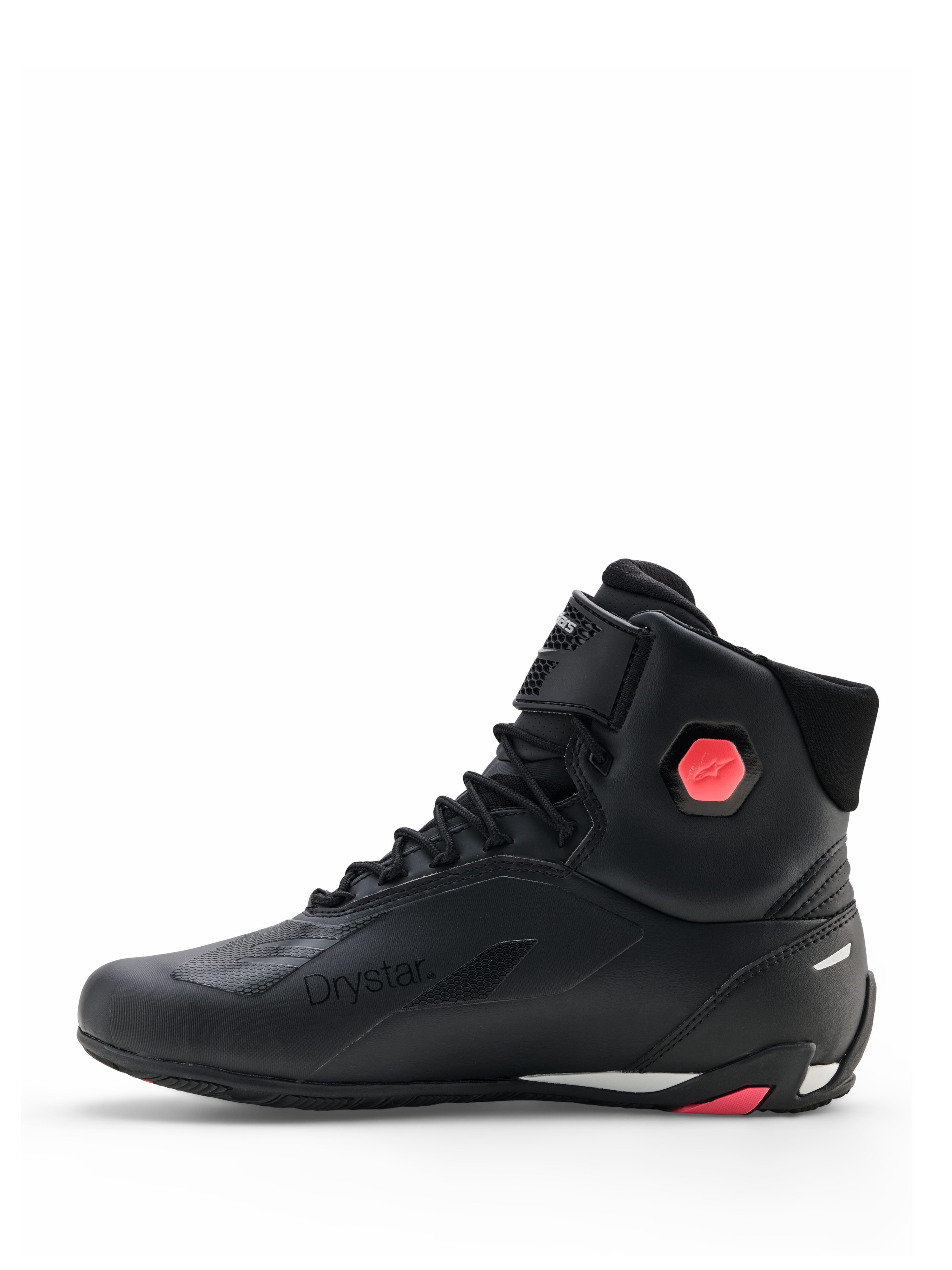 Alpinestars Stella Faster-4 Drystar® Shoes, Women's Motorcycle Riding Shoes, Black and Coral Fluo, side profile view showing seamless microfiber upper, lace-up closure, and coral ankle protection detail