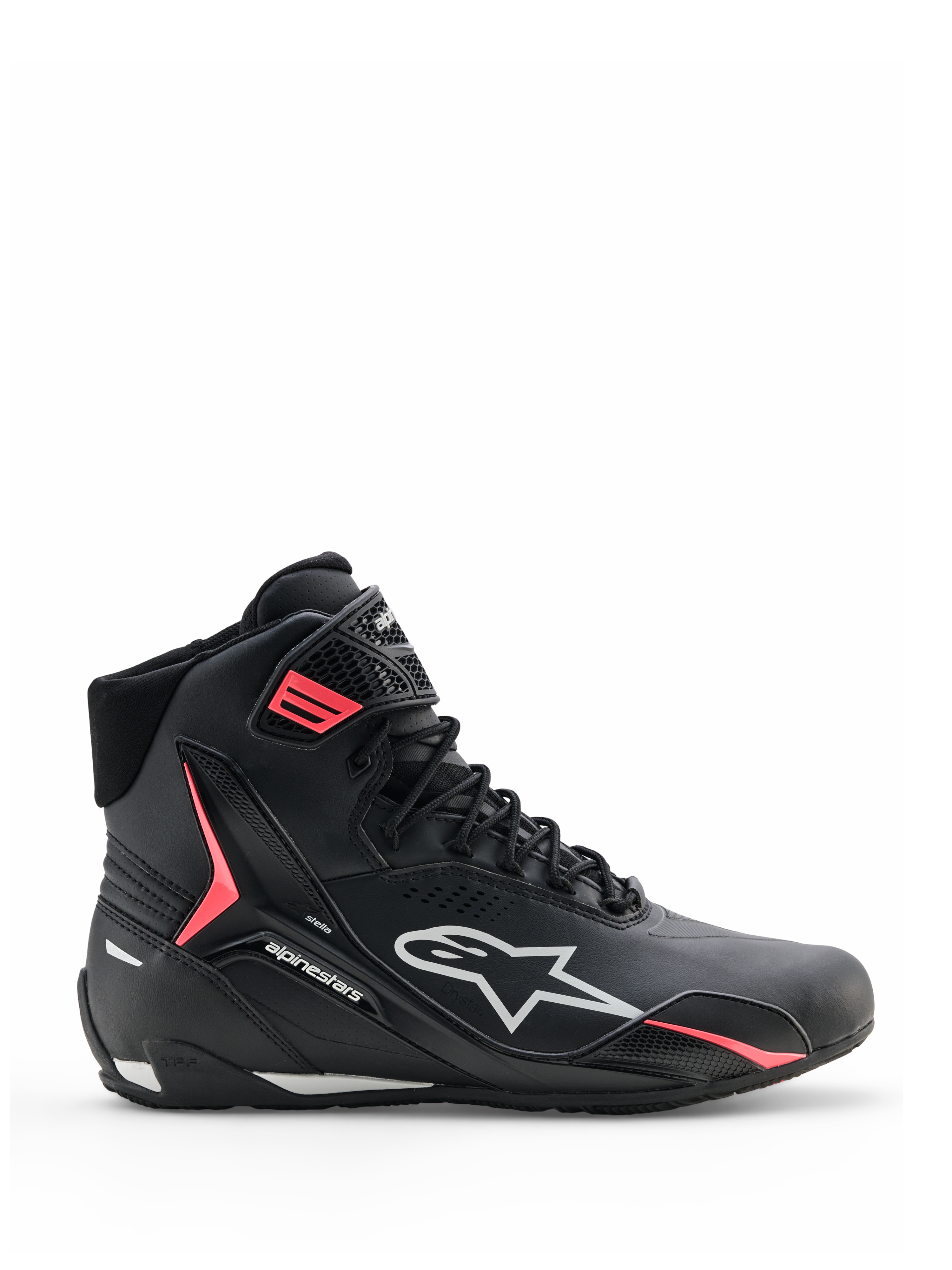 Alpinestars Stella Faster-4 Drystar® Shoes, Women's Motorcycle Riding Shoes, Black with Gray and Coral Fluo accents, high-top design with side branding and hook-and-loop strap, waterproof microfiber for sports riding