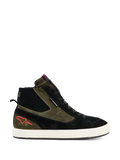Alpinestars Stated Waterproof Shoes, High-top motorcycle riding sneakers, Military Green and Black suede construction, Off-White vulcanized rubber sole, Red star logo on heel, Black ribbed ankle collar, Urban street-inspired design