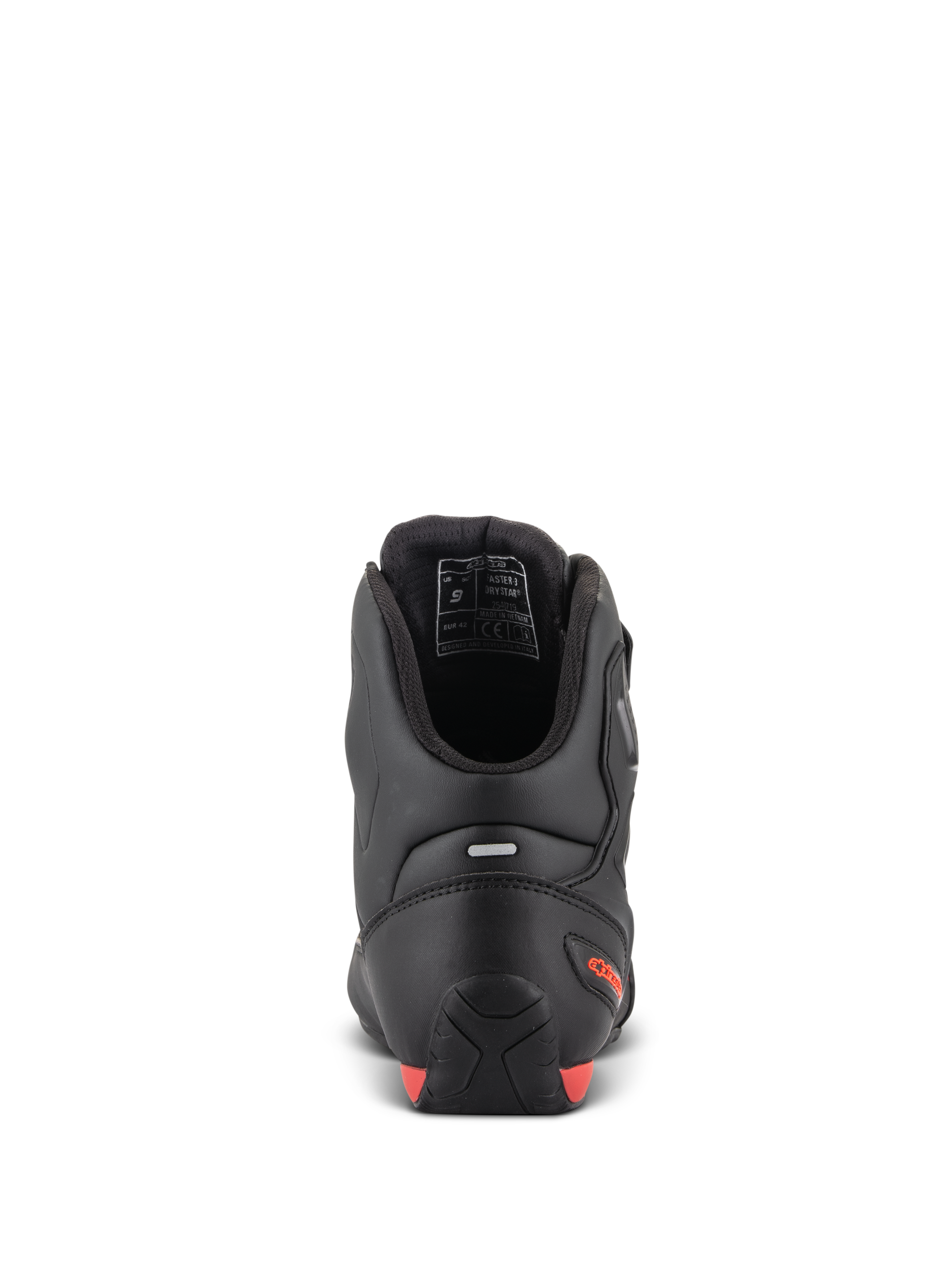 Alpinestars Faster-3 Drystar® Shoes, motorcycle riding shoes, rear view showing the heel and ankle, black microfiber with red fluo accents, reflective strip for visibility, sport-inspired protective footwear for road and urban use.
