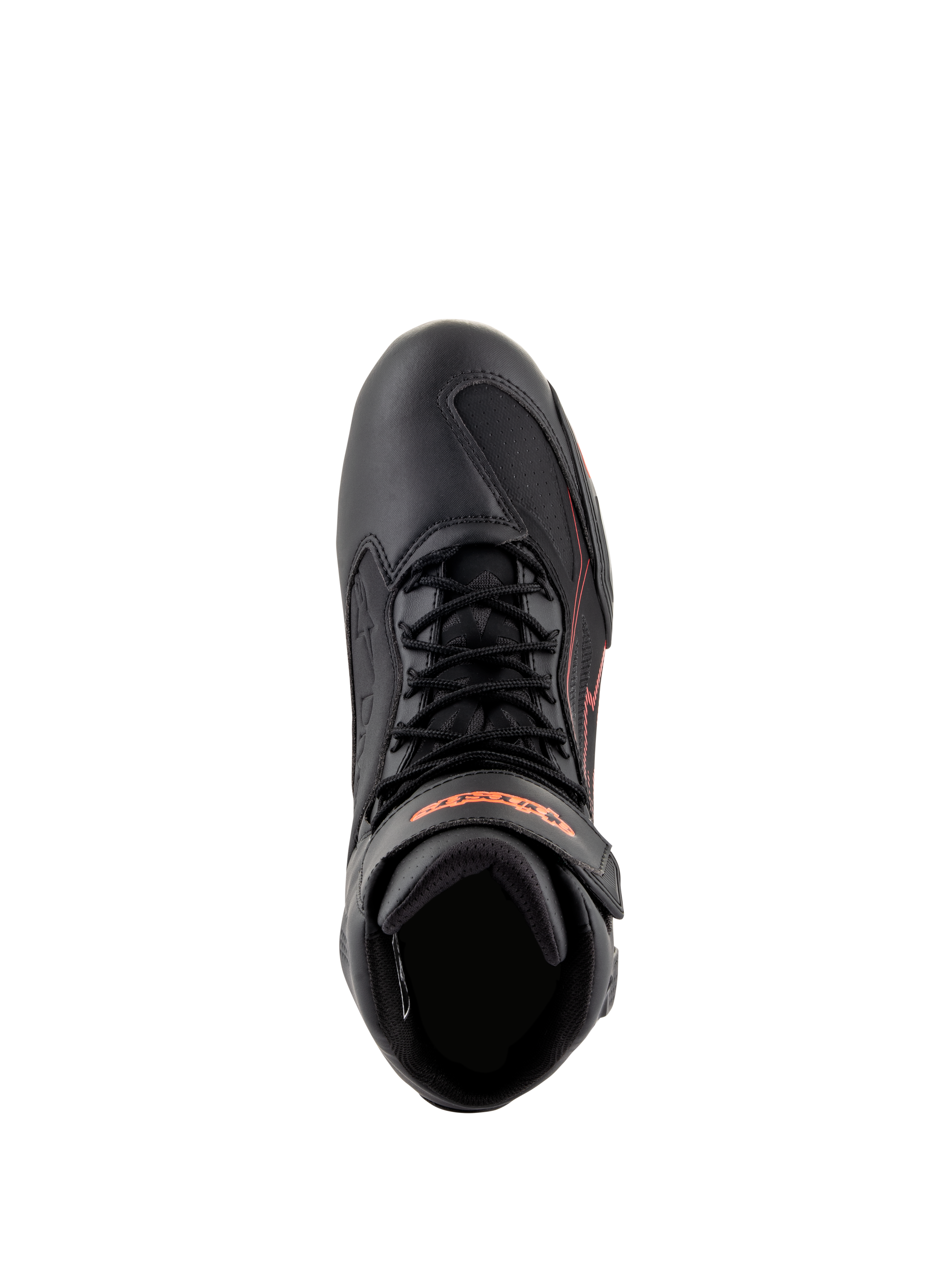 Alpinestars Faster-3 Drystar® Shoes, Motorcycle Riding Shoes, Black with Red Fluo accents, top-down view showing laces and ankle strap, technical microfiber construction