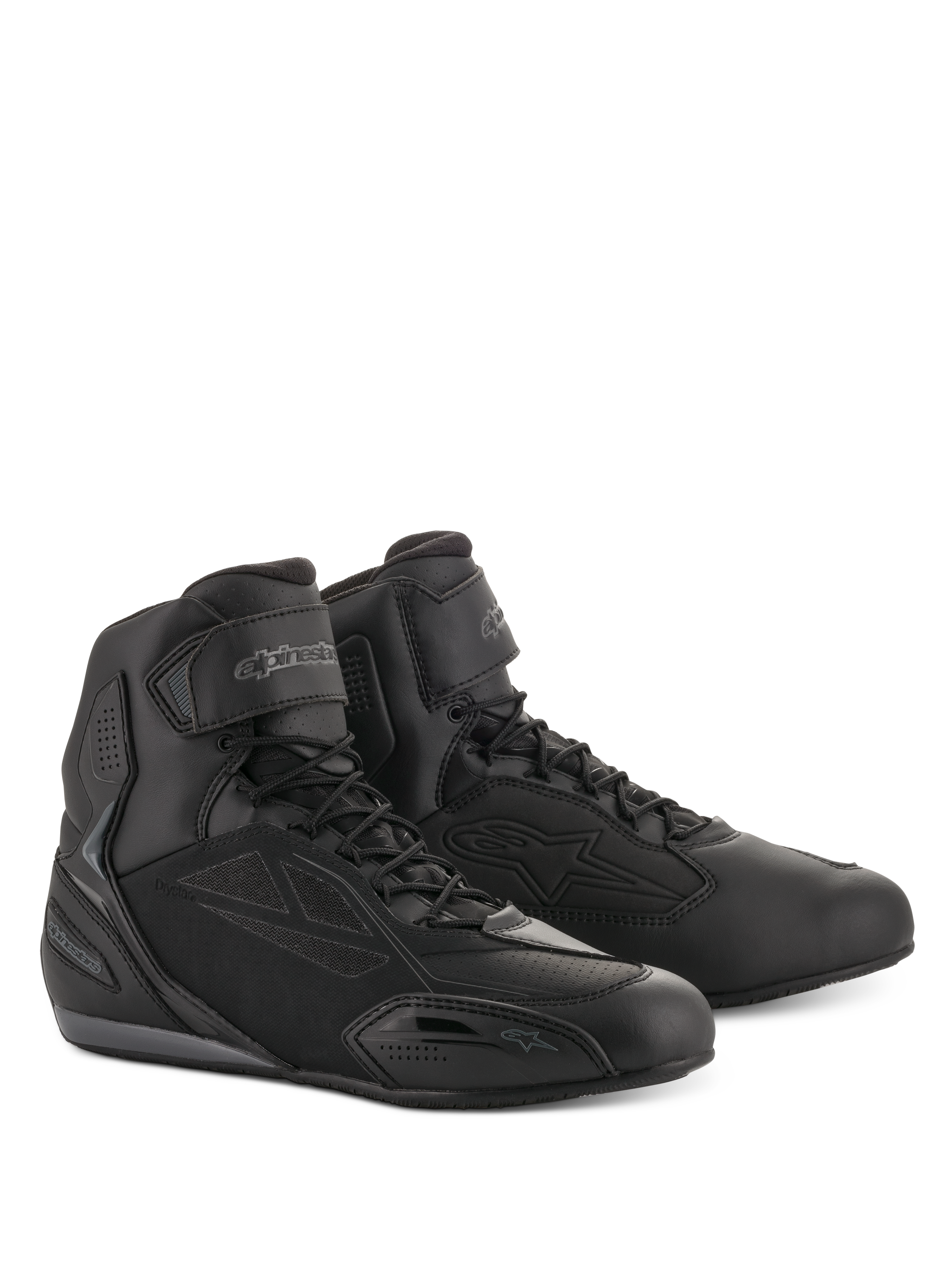 Alpinestars Faster-3 Drystar® Riding Shoes, Motorcycle Riding Shoes, Black and Cool Gray, high-top design with lace-up closure and hook-and-loop ankle strap, sleek microfiber chassis with protective panels, waterproof road riding footwear.