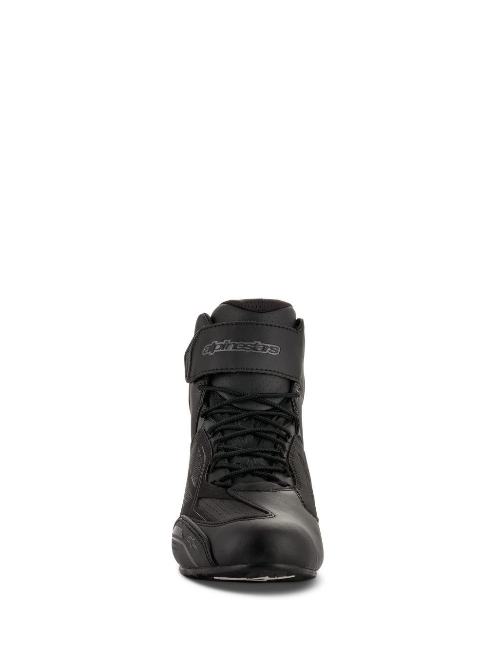 Alpinestars Faster-3 Drystar® Riding Shoes, Black Cool Gray, front view showing lace closure and Velcro ankle strap, waterproof microfiber motorcycle footwear.