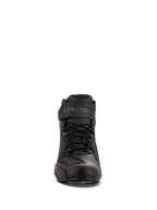 Alpinestars Faster-3 Drystar® Riding Shoes, Black Cool Gray, front view showing lace closure and Velcro ankle strap, waterproof microfiber motorcycle footwear.