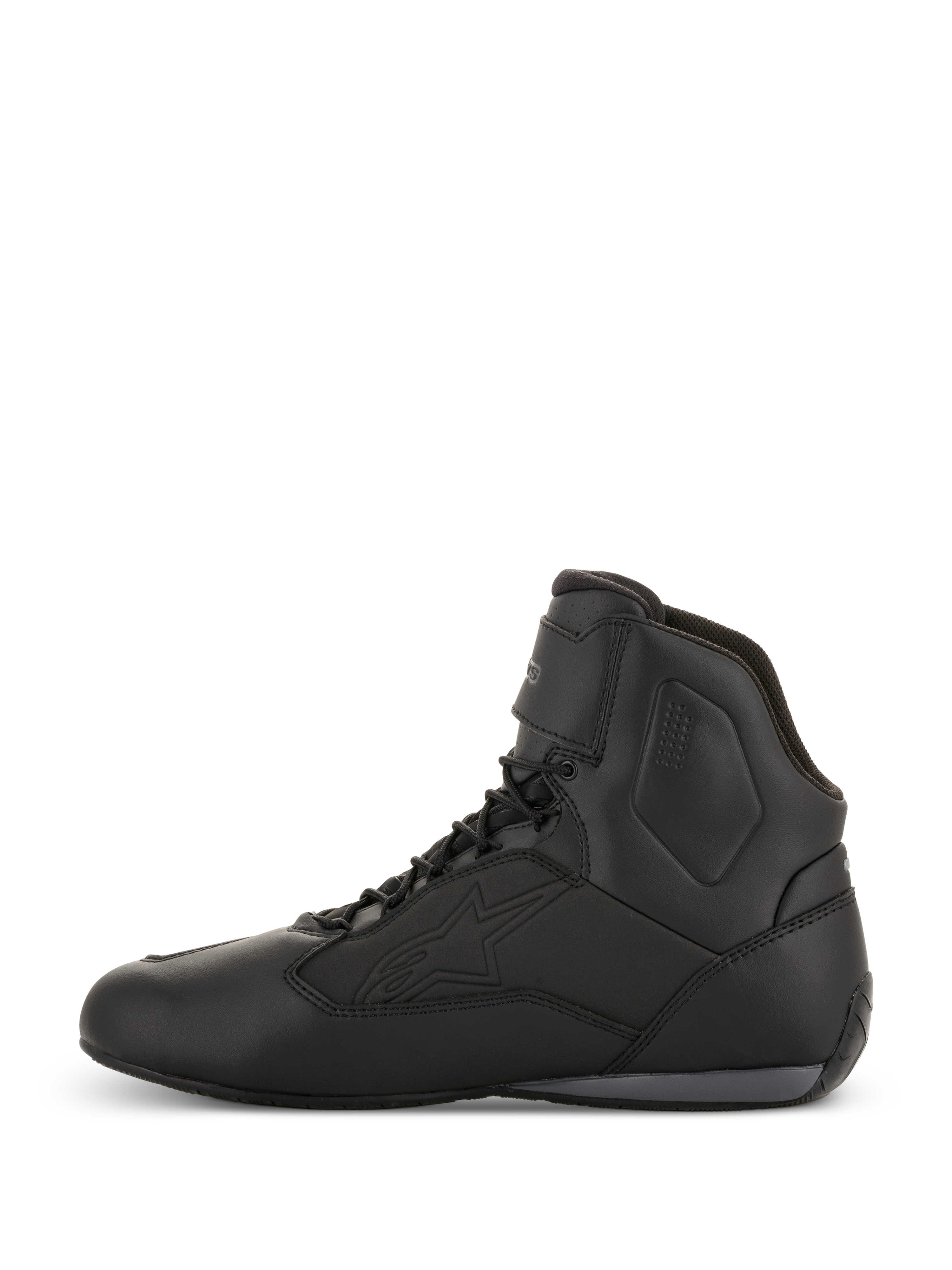 Alpinestars Faster-3 Drystar® Riding Shoes, Motorcycle Riding Shoes, Black Cool Gray, side profile view, high-top design with laces, waterproof microfiber construction, technical gear for road riding