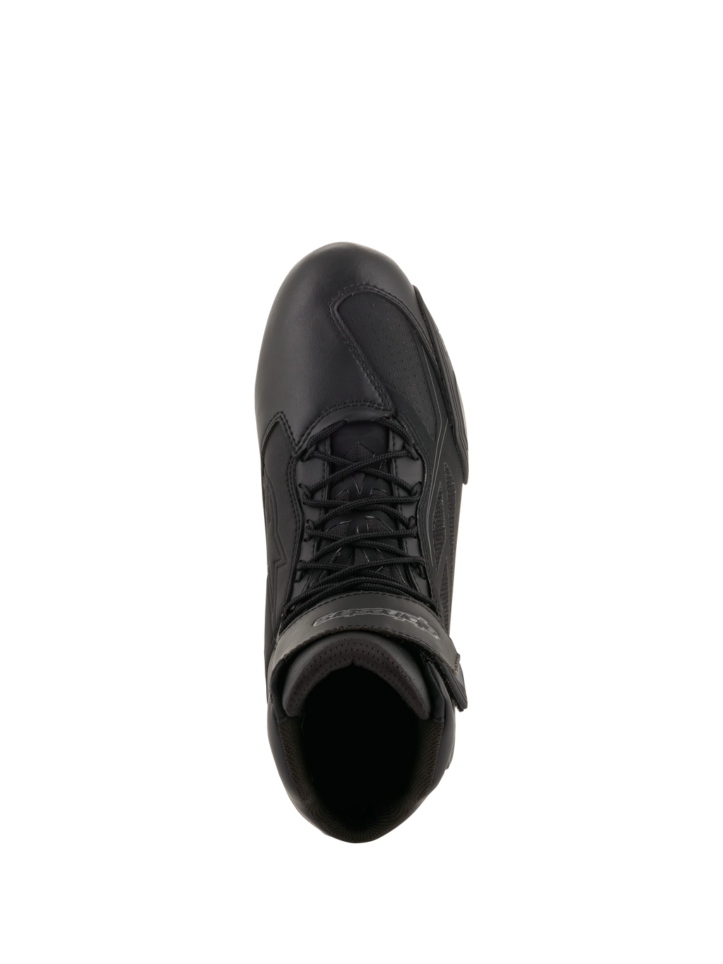 Alpinestars Faster-3 Drystar® Riding Shoes, Motorcycle Riding Shoes, Black and Cool Gray, top-down view showing microfiber chassis, black laces, and hook and loop ankle strap, technical sport-inspired design for all-weather road riding