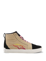 Alpinestars Ride-63 Canvas Shoes, High-Top Sneakers, Beige and Black, Pink Laces, White Sole, Multicolored Star Logo in Red and Yellow, Suede-Like Texture, Casual Motorsport-Inspired Footwear