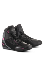 Alpinestars Women Stella Faster-3 Drystar Shoes, Motorcycle Riding Shoes, Black Dark Gray and Fuchsia, waterproof microfiber and PU suede construction, lace-up closure with hook-and-loop ankle strap, sleek urban sport design
