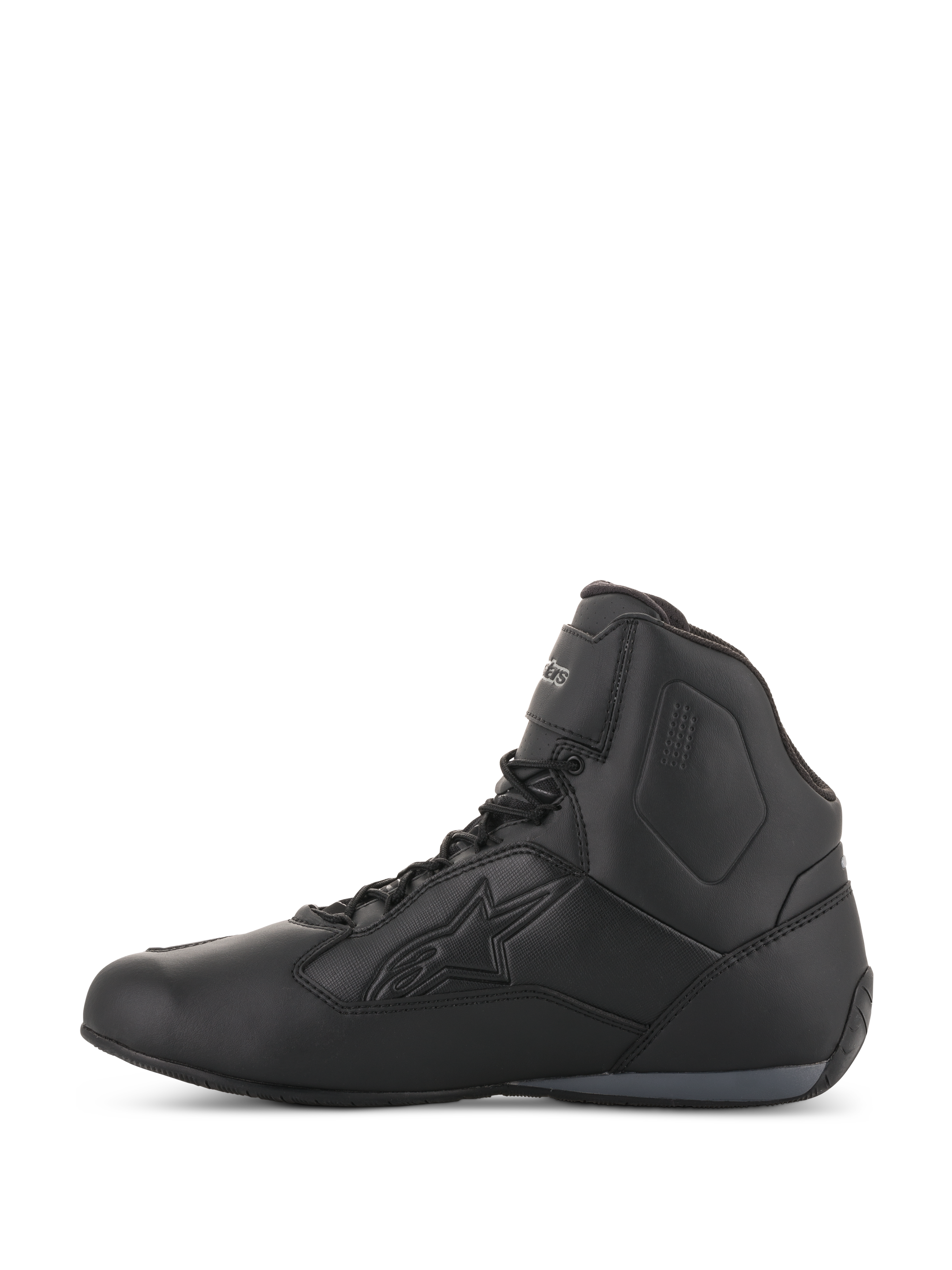 Alpinestars Women Stella Faster-3 Drystar® Shoes, Black and Dark Gray, waterproof motorcycle riding shoes, side profile view featuring a durable microfiber chassis, lace-up closure with ankle strap, and embossed Alpinestars logo.