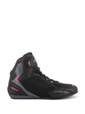Alpinestars Women Stella Faster-3 Drystar Shoes, Motorcycle Riding Sneakers, Black with Dark Gray and Fuchsia pink accents, side profile showing high-top silhouette, lace-up closure with Velcro ankle strap, and reinforced protective panels.