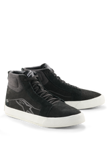 Alpinestars Ride-63 Leather Shoes, Black and White, urban motorcycle riding shoes, high-top design with leather and suede panels, white vulcanized rubber sole, Alpinestars logo on the side, casual street-inspired riding gear