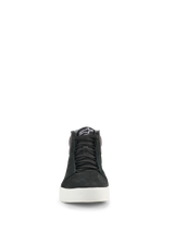 Alpinestars Ride-63 Leather Shoes, front view of black high-top riding shoe, white vulcanized rubber sole, black laces, Alpinestars logo on tongue, urban motorcycle footwear