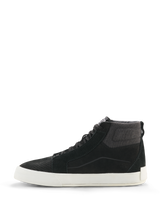 Alpinestars Ride-63 Leather Shoes, Urban Motorcycle Riding Shoes, Black and White, high-top design with leather upper, white vulcanized sole, textured toe reinforcement, and mesh collar for casual street riding