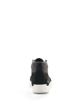 Alpinestars Ride-63 Leather Shoes, urban motorcycle riding footwear, rear view featuring black suede and grey textile upper with a white vulcanized rubber sole, high-top design for casual street riding