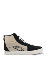 Alpinestars Ride-63 Leather Shoes, High-Top Sneaker, Black and Beige, White Sole, Black Star Logo, Suede Toe and Heel, White Laces, Pull Tab, Motorsport-Inspired Casual Footwear