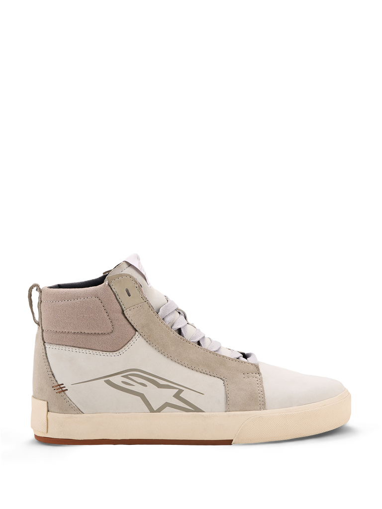 Alpinestars Ride-63 Leather Shoes, Urban Motorcycle Shoes, Off White and Cool Gray with Gum sole, high-top design with leather and suede panels, featuring Alpinestars star logo on the side and a textured vulcanized rubber outsole.