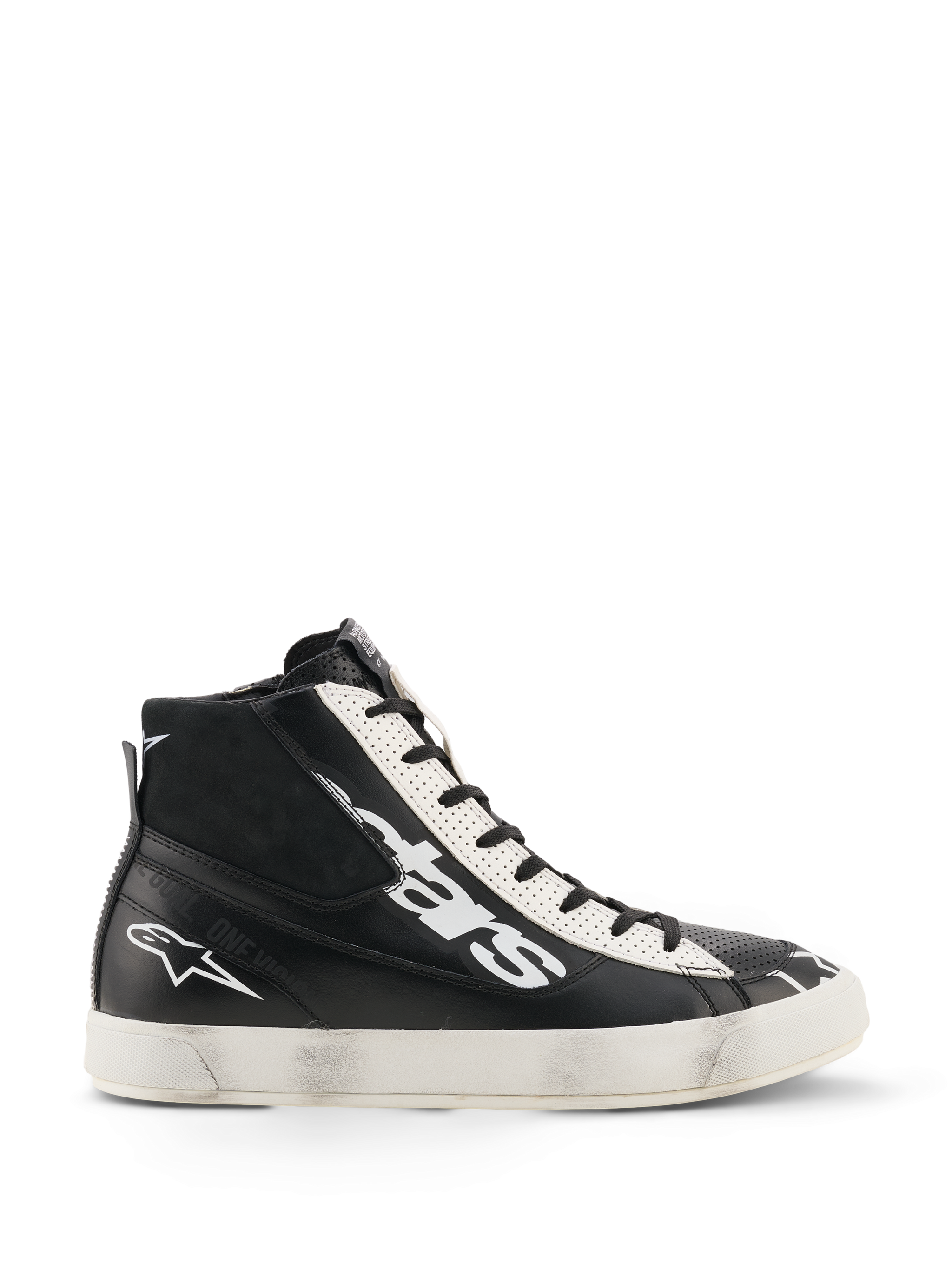 Alpinestars Stated Flair Shoes, High-Top Sneakers, Black and White, perforated leather panels, casual urban style, off-white sole
