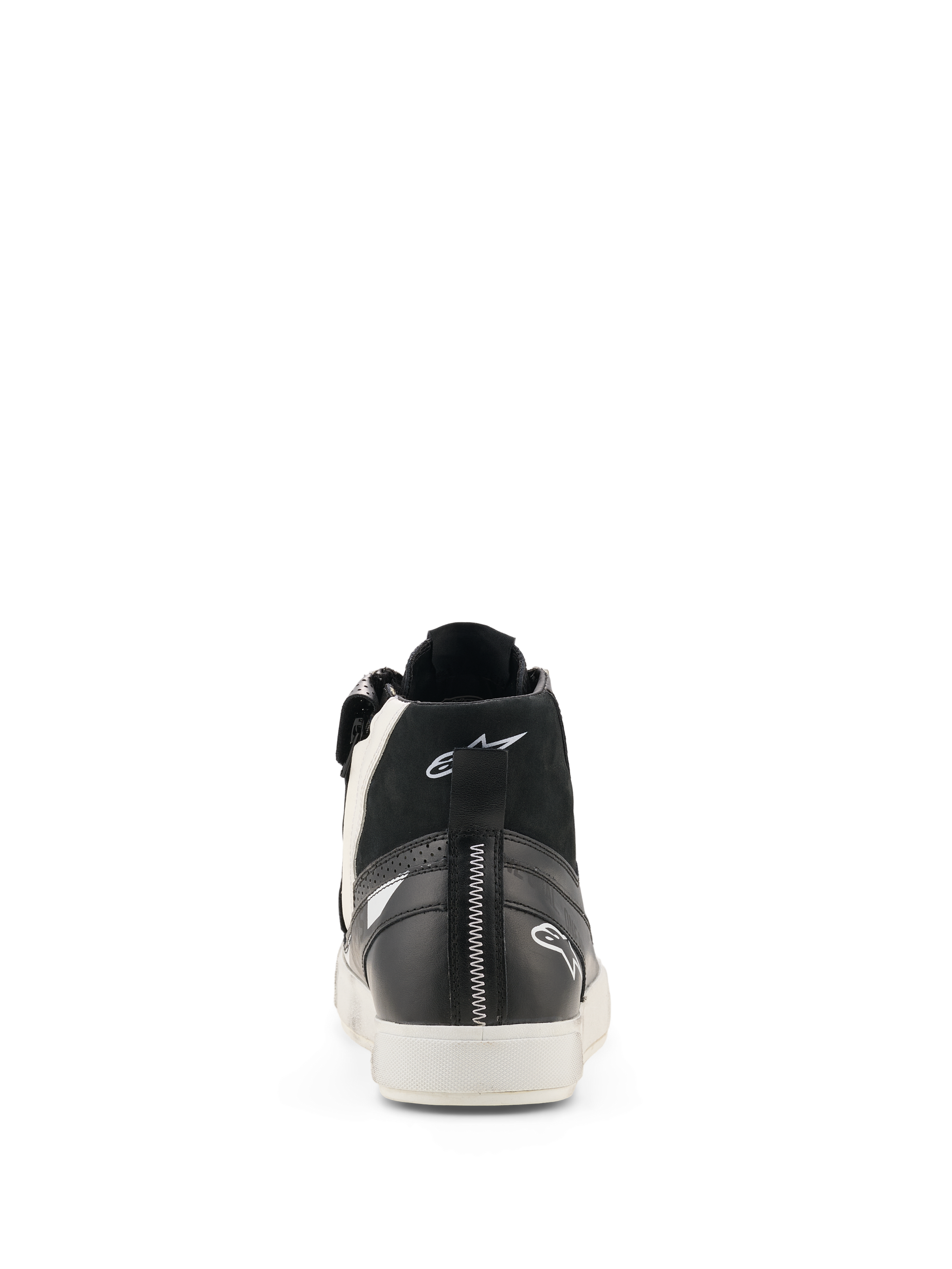 Alpinestars Stated Flair Shoes, Urban Riding Shoes, Black and White, rear view showing high-top leather and nubuck construction, white contrast zigzag stitching on the heel, white Astar branding, and a clean white urban sole.