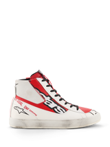 Alpinestars Stated Flair Shoes, High-Top Sneakers, White and Red, Black Laces, Star Logo, "ONE GOAL ONE VISION" Heel Text, Sporty Design with Mixed Textures