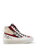 Alpinestars Stella Stated Flair Shoes, Women's High-Top Sneakers, Red White and Black, motorsport-inspired design with "one goal one vision" branding, textured white sole, pull tab, leather and fabric construction